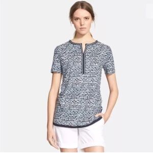 Tory Burch Navy and White Mosaic Print Beaded Geometric Blouse